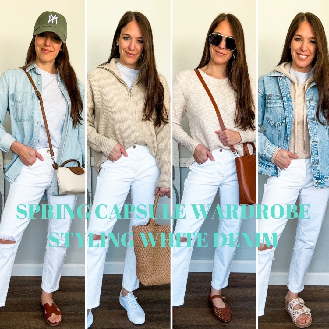 Spring capsule styling series! Today I’m style these Target white denim jeans 4 ways! They come in short, regular and tall length options. 
Denim jacket small
Denim button down XS 
Gray tee XS 
White feel size 2 short -I sized up one 
All sweaters size small 
Shoes all tts 

#LTKStyleTip #LTKPetite #LTKFindsUnder50