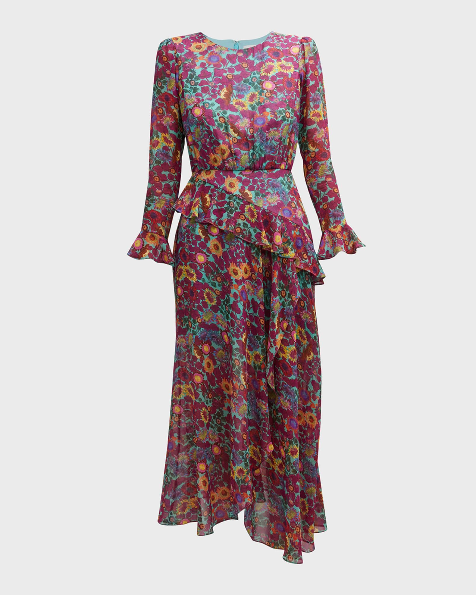 Jolene Floral Silk Long Ruffle Dress | Neiman Marcus