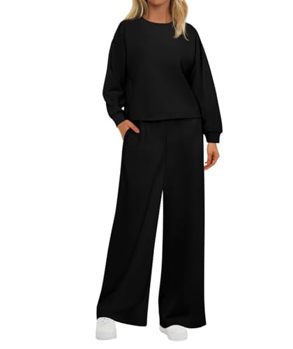 MASCOMODA Womens Fall Sweatsuits Two Piece Sets Crewneck Long Sleeve Tops Wide Leg Pants Casual Travel Lounge Set Track Suits(Black,Large) | Amazon (US)