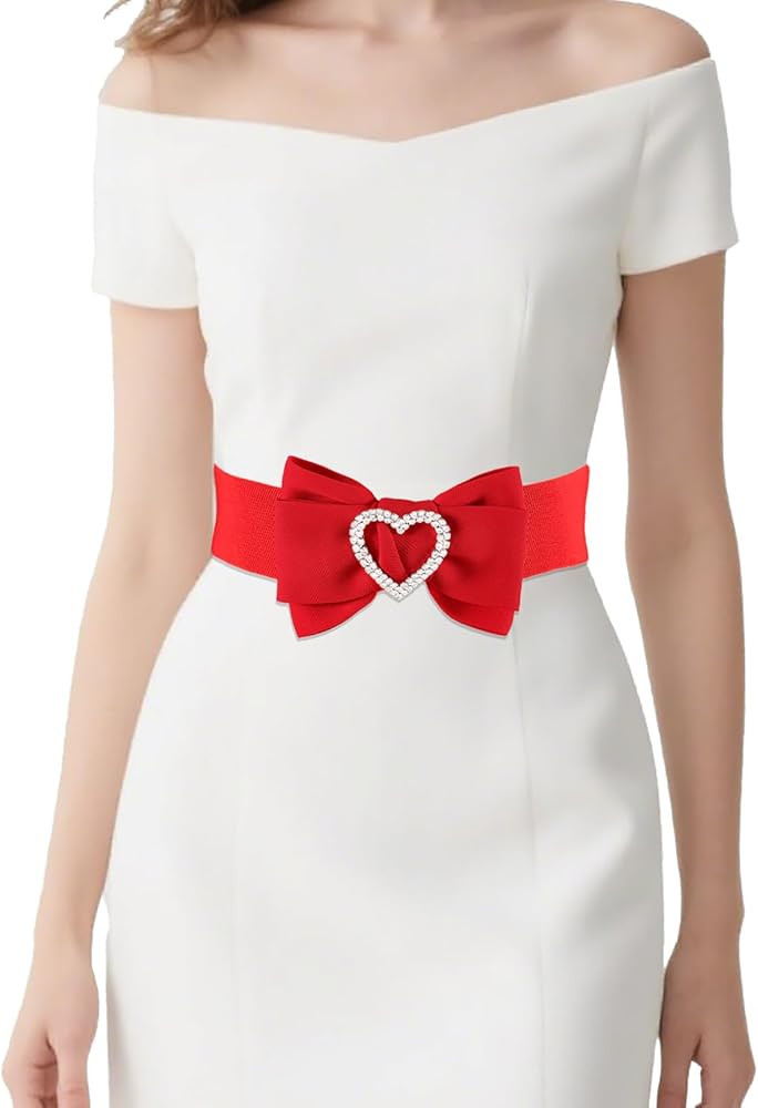 Women's Elastic Heart Rhinestone Bow Belt Stretch Ladies Belts for Dress | Amazon (US)