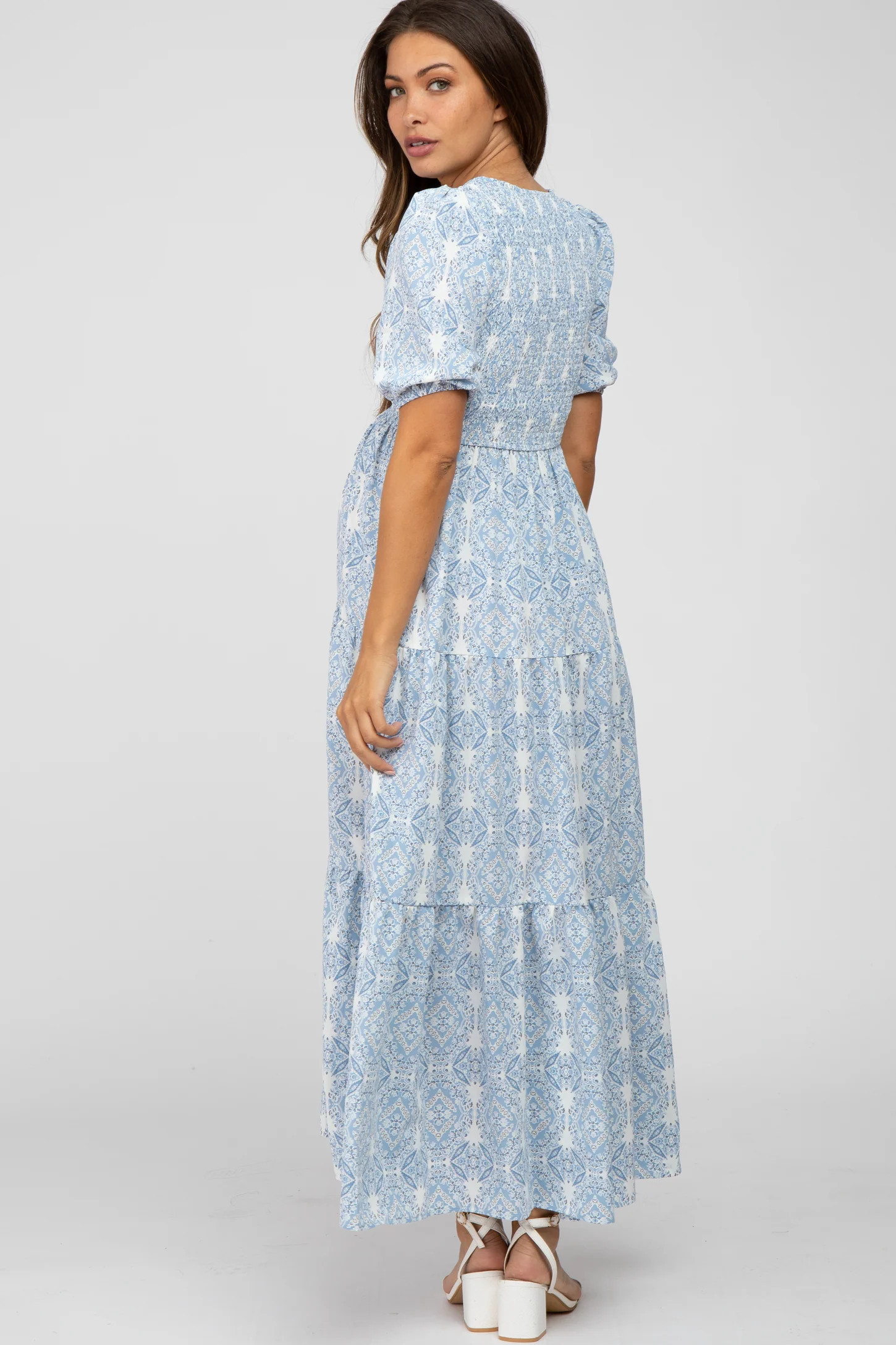 Blue Paisley Print Smocked Tiered Maternity Maxi Dress | PinkBlush Maternity