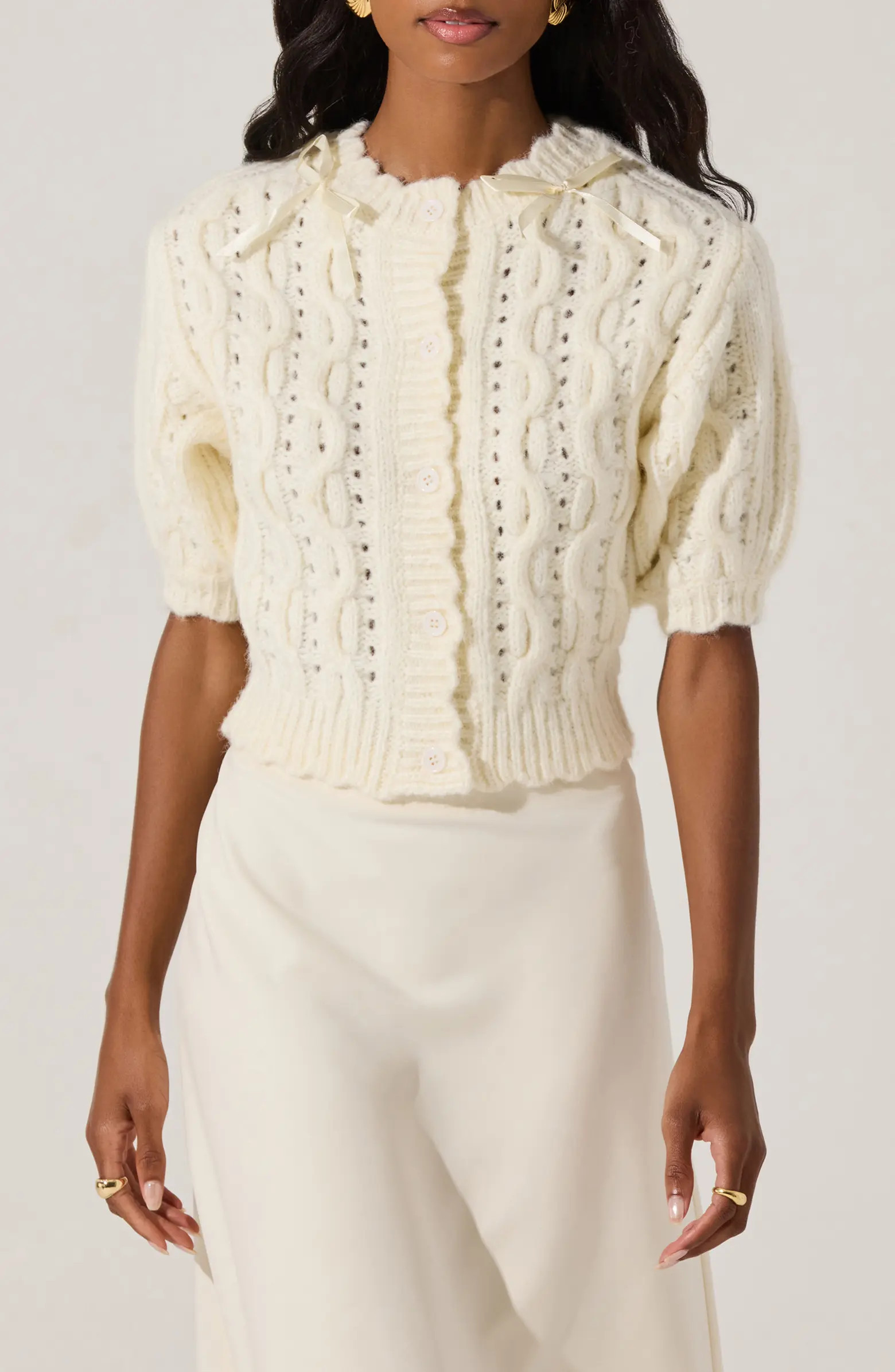 Bow Cable Stitch Short Sleeve Cardigan | Nordstrom