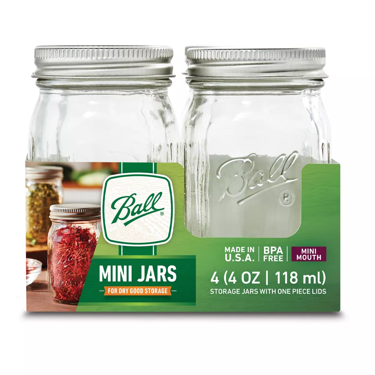 Ball 4oz 4pk Glass Mini Mason Jar with Lid: Spice Storage, Clear Food Container Set, Dishwasher-S... | Target