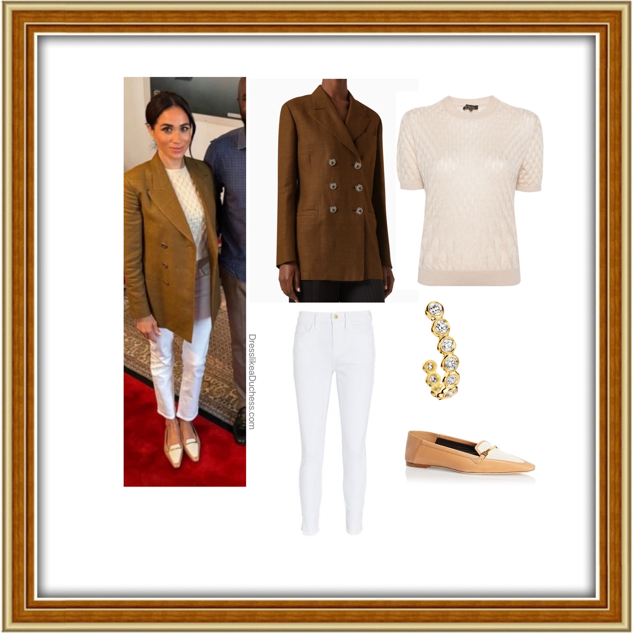 Meghan Markle in Nigeria on final day returning home 
Jacket: Loro Piana Jamilla linen blazer
Shirt: Loro Piana Takao cashmere crewneck 
Jeans: Frame de Jeanne crop 
Shoes: Saint Laurent Chris Two Tone Loafer Slippers 
Earrings: Kimai Semi Hoops 