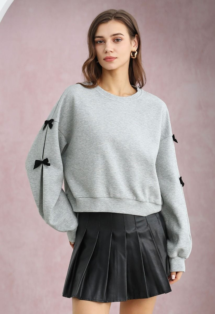 Bowknot Adorned Sleeve Cropped Sweatshirt in Grey | Chicwish