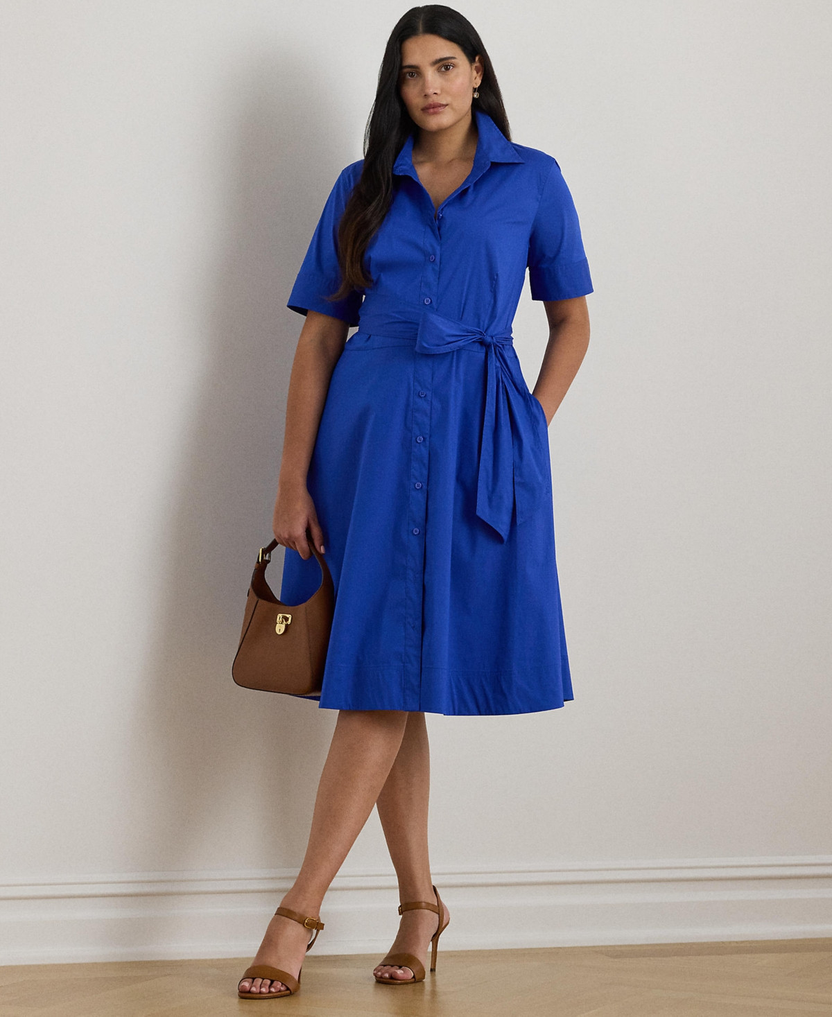 Lauren Ralph Lauren Plus Size Belted Point Collar Shirtdress - Cruise Royal | Macy's