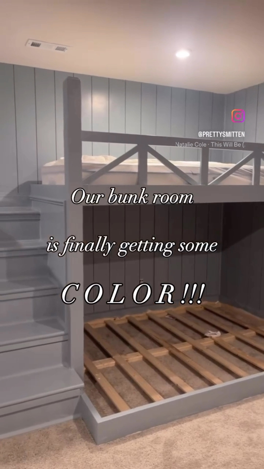 We recently painted our built in bunk beds this beautiful blue - Santorini Blue by Benjamin Moore. Stay tuned for the full room reveal! Adding wallpaper, fun bedding and some art too…all budget friendly!
