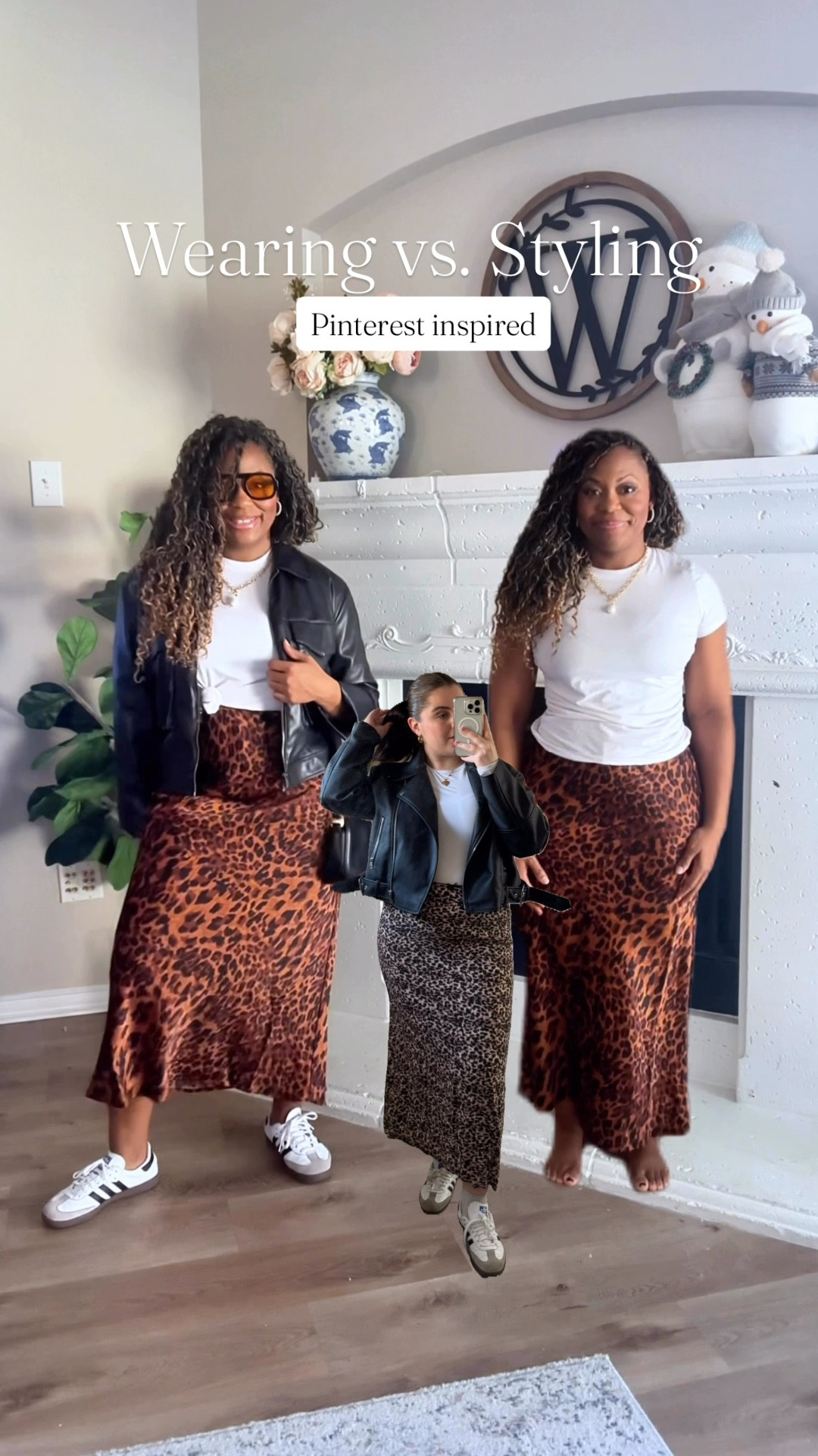 Pinterest inspired outfit wearing versus styling!🤍🖤🐆

Let leopard satin skirt, white T-shirt, leather jacket, Adidas Sambas 

#LTKSaleAlert