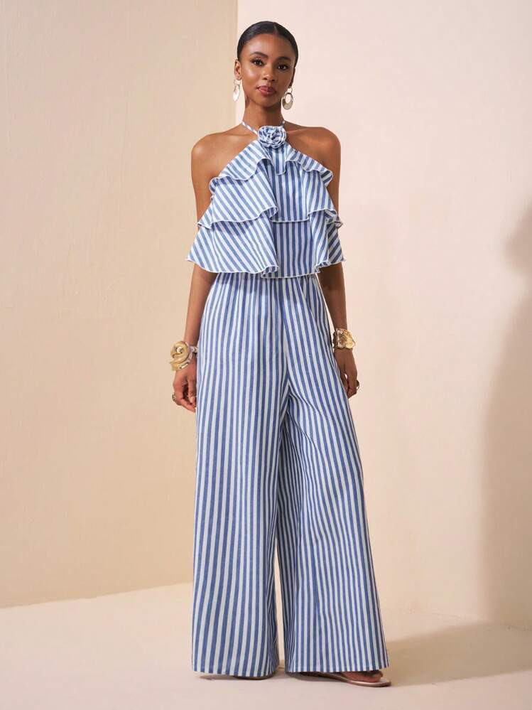 Zivah 2025 Summer New Music Festival, Easter, St. Patrick's Day, Western, Nomadic, Birthday Party, Graduation, College Style, Student Wear, Daily Casual, All-Match Versatile, Leisure, Cruise Travel, Beach, Sunbathing, Fashion, Streetwear Sleeveless Blue & White Striped Ruffle Decor Jumpsuit | SHEIN