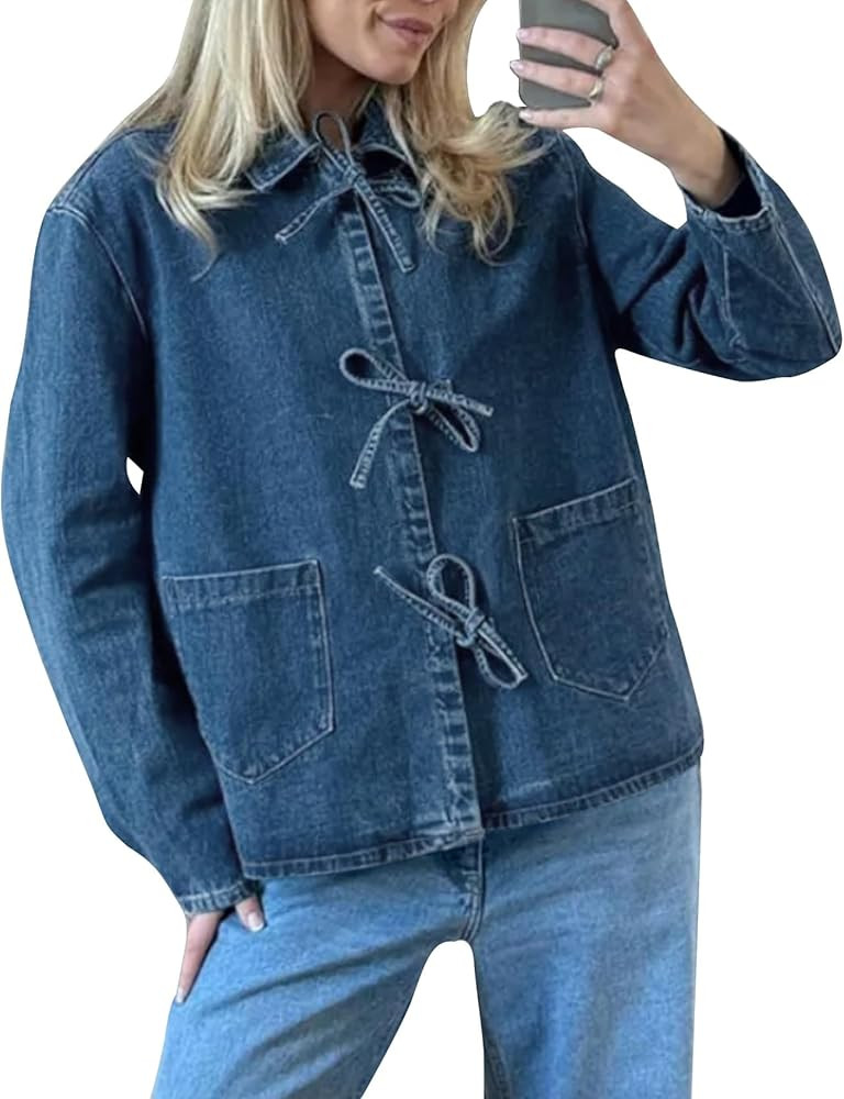 COZYPOIN Women's Tie Front Bow Denim Jacket Cropped Jean Shirts Lightweight Long Sleeve Fall Top ... | Amazon (US)