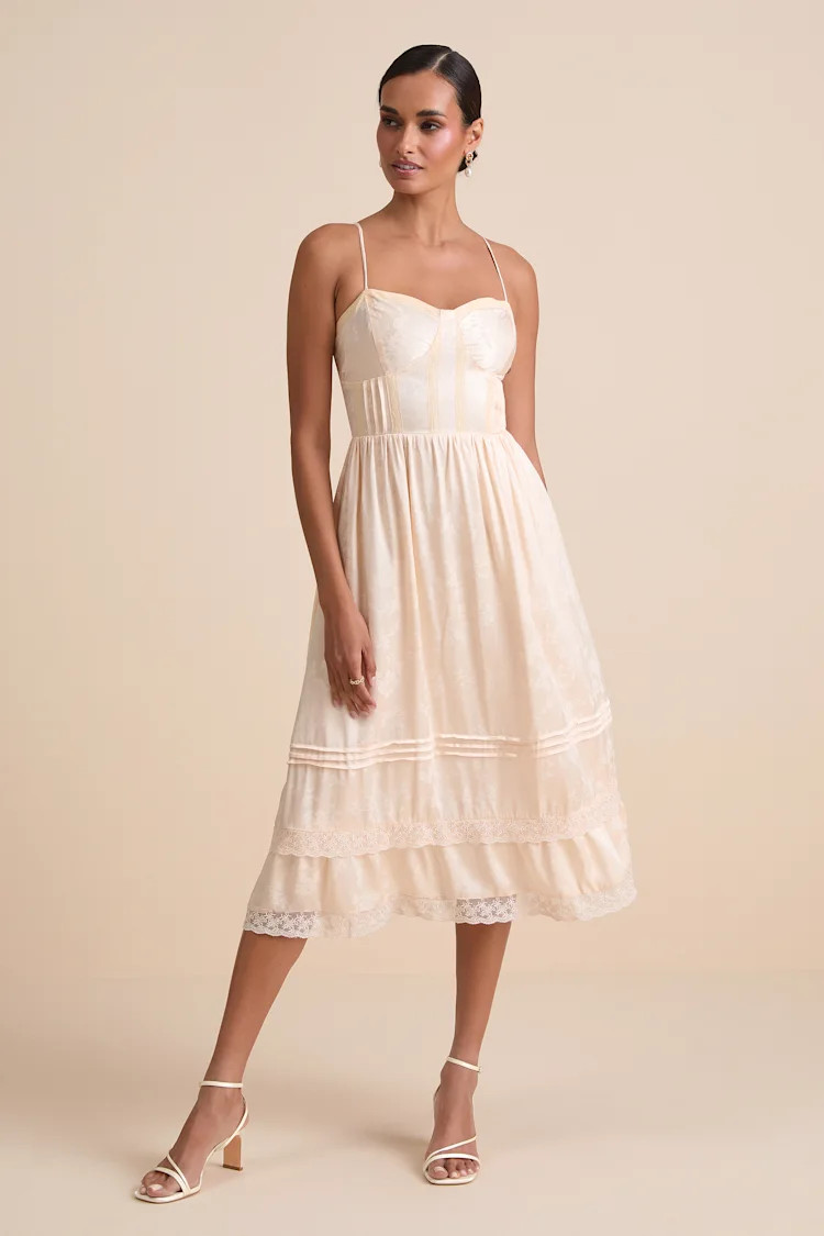 Sarisha Blush Satin Jacquard Bustier Midi Dress | Lulus