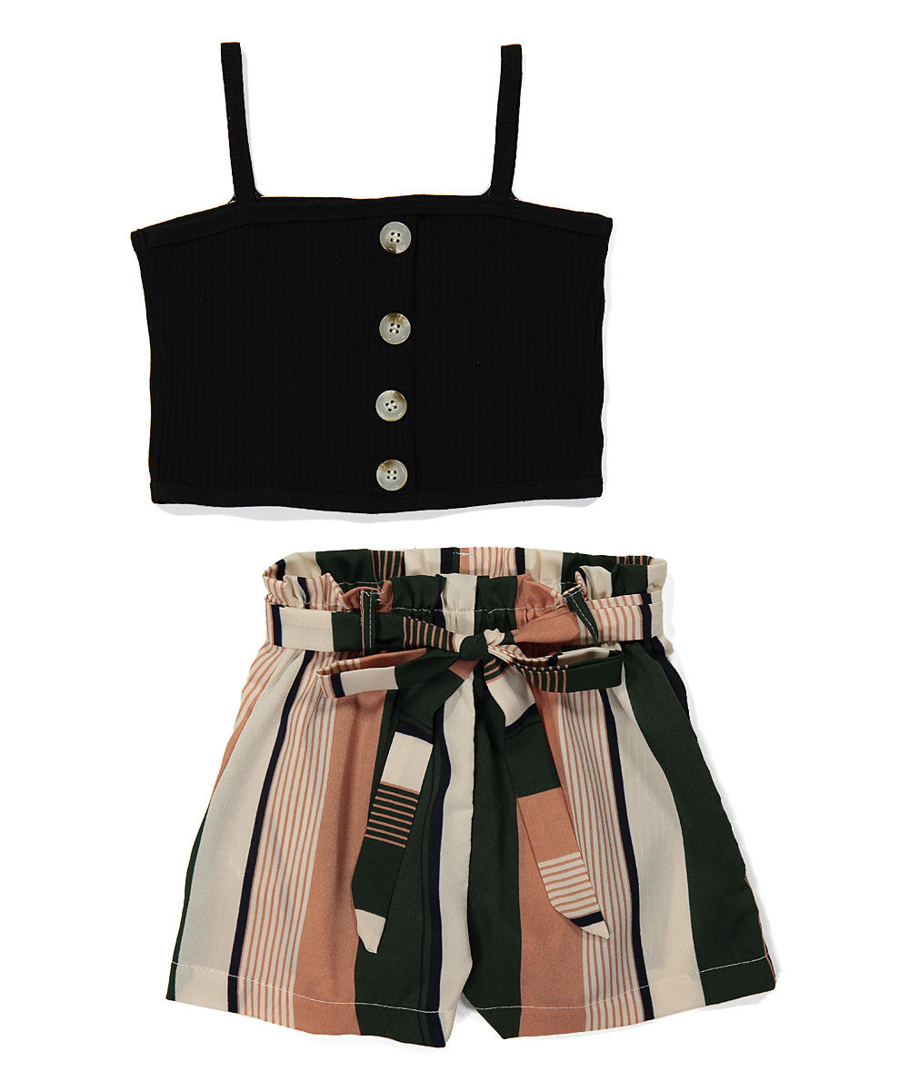 wind + thistle Girls' Casual Shorts - Black Crop Tank & Camel Stripe Shorts - Toddler & Girls | Zulily