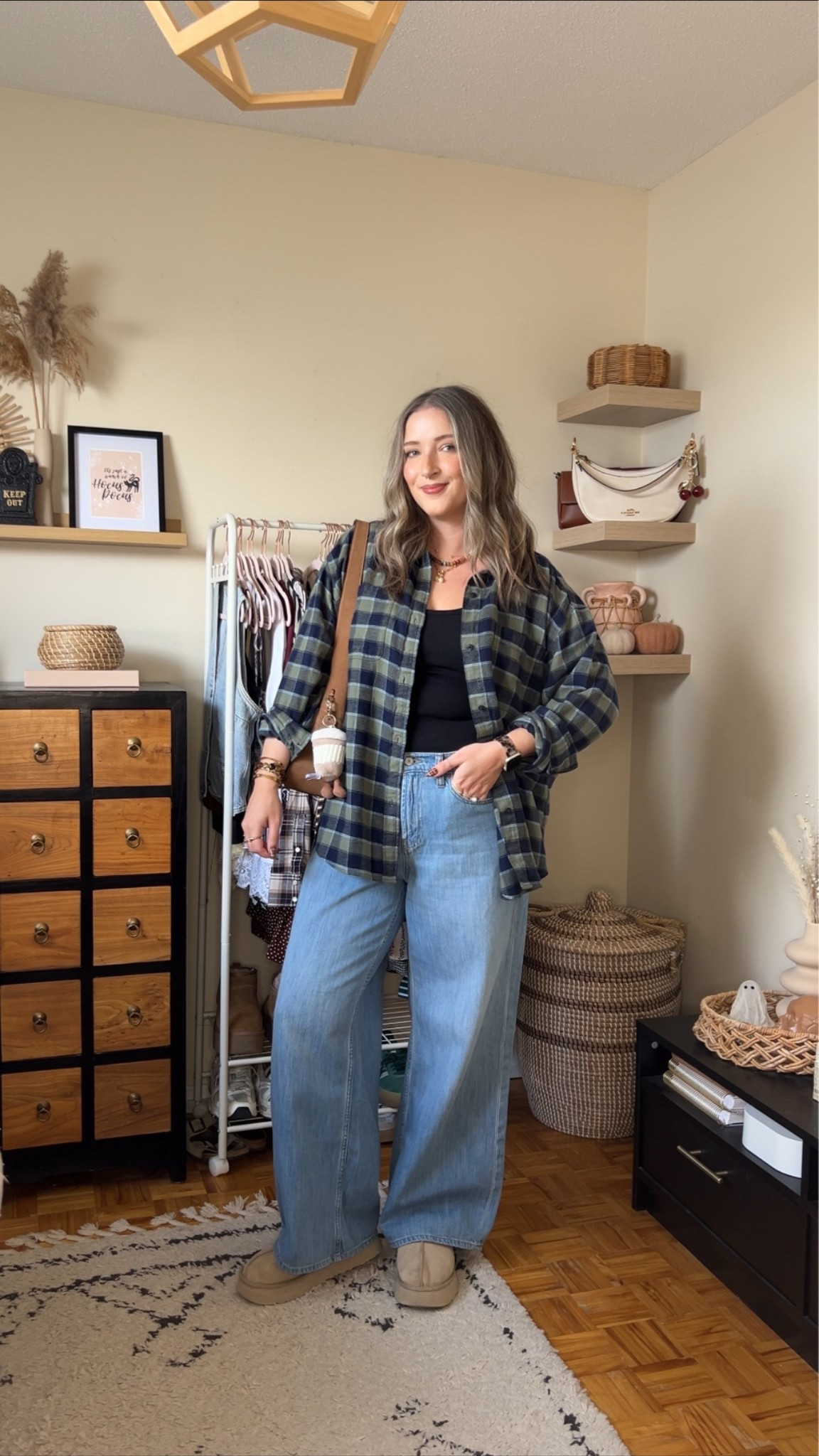 Casual fall outfit! Wearing M in the plaid shirt and bra free tank top. Wide leg jeans are sold out, linked similar. Ugg Tazz platforms are super comfy, I’m a 9.5-10 and wear a 10
