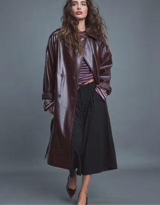 Stradivarius Long leather effect trench coat in purple | ASOS (Global)