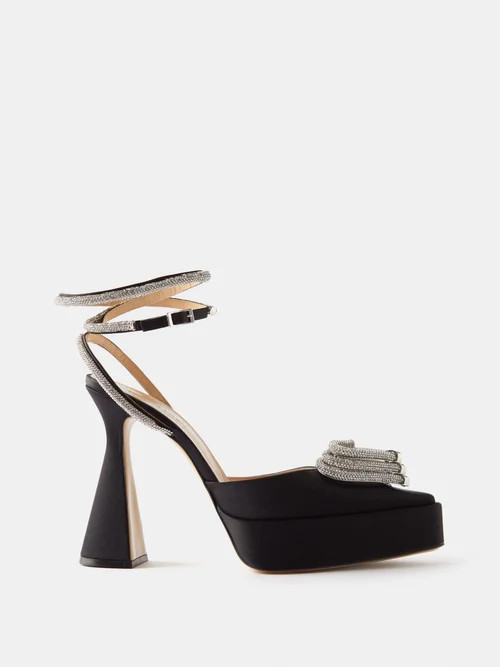 Mach & Mach - Triple Heart 140 Crystal And Satin Platform Pumps - Womens - Black Silver | Matches (US)