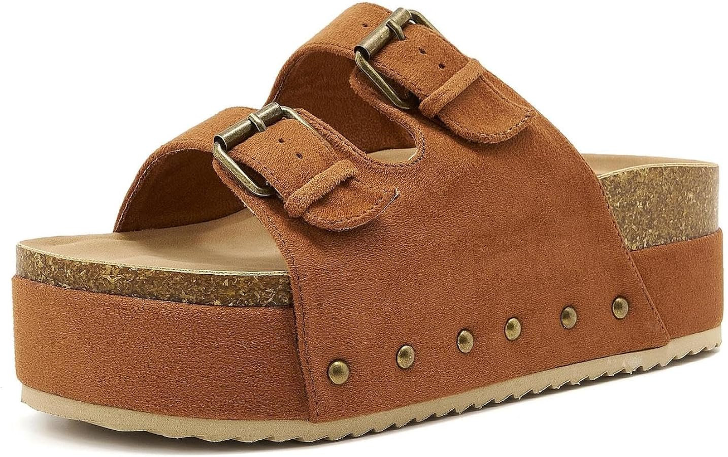 Women's Platform Cork Slides Dual Buckled Straps Suede Clogs Slip-on Flatform Sandals for Women F... | Amazon (US)