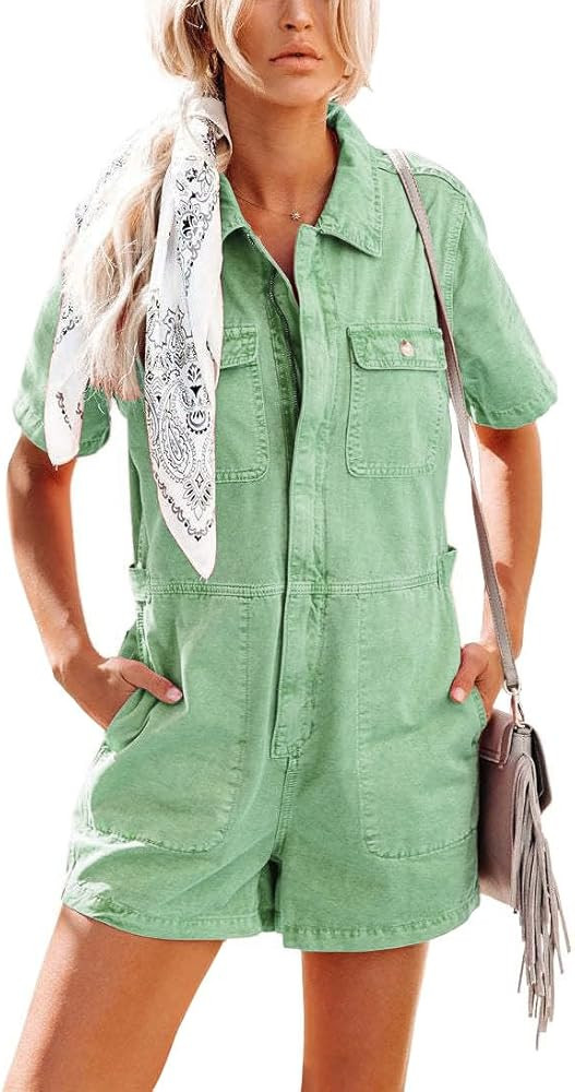 chouyatou Women's Vintage Distressed Short Sleeve Zip Up Denim Jean Utility Jumpsuit Romper Short... | Amazon (US)