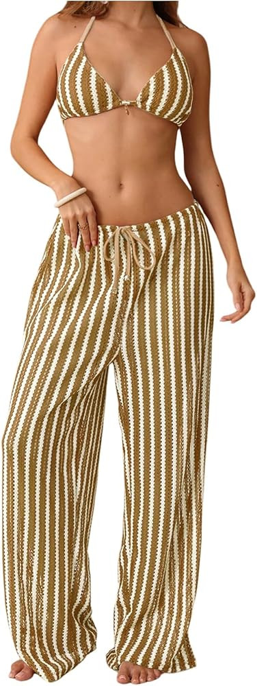 SHENHE Women's 3 Piece Swimsuits Crochet Striped Bikinis Triangle Halter Bathing Suit with Pants | Amazon (US)