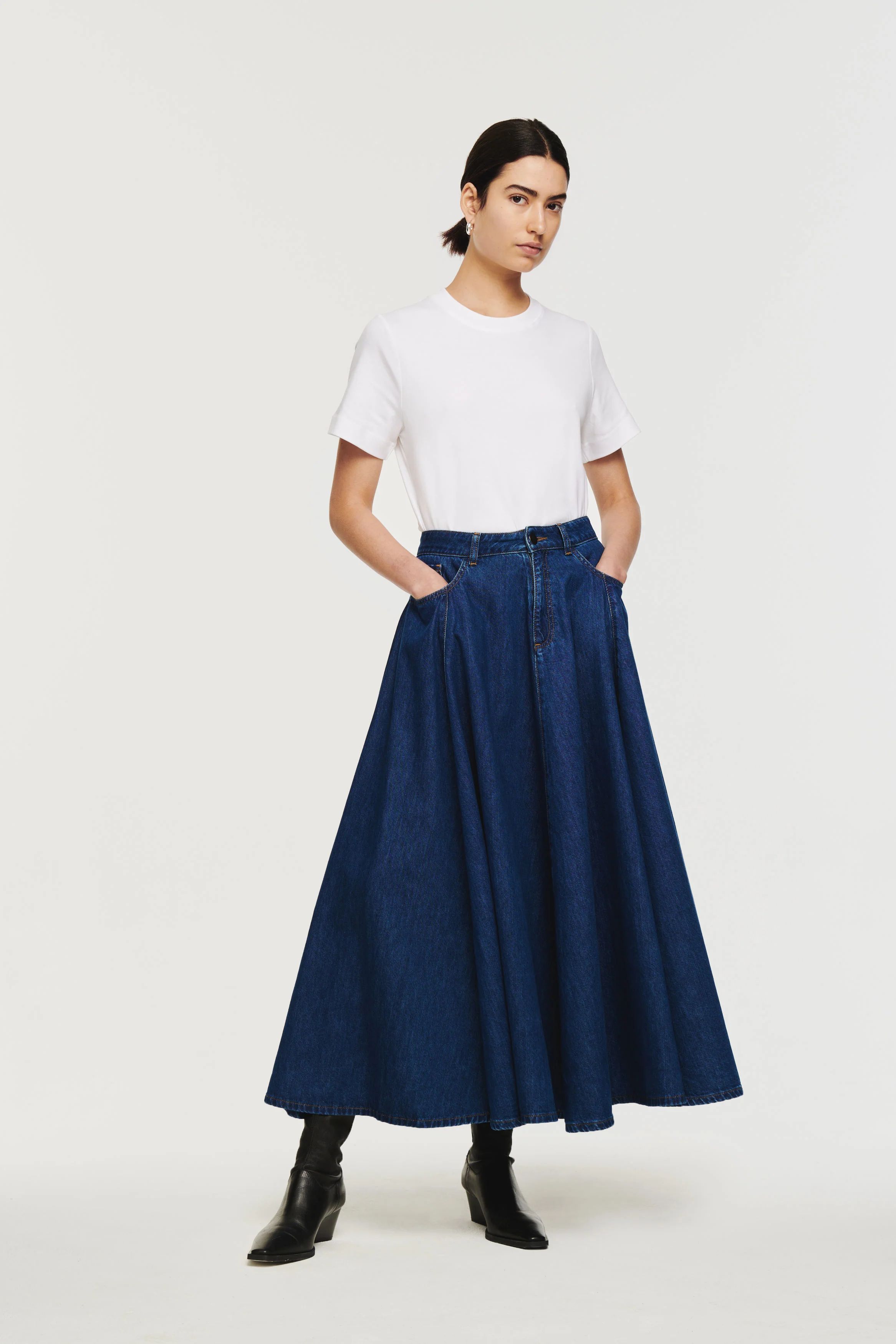 Luna | Volume Ankle Length Skirt in Mid Blue | ALIGNE | Aligne UK