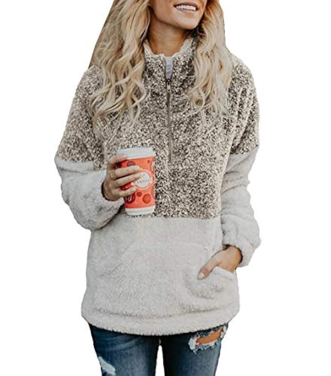 BTFBM Women Long Sleeve Zipper Sherpa Sweatshirt Soft Fleece Pullover Outwear Coat | Amazon (US)