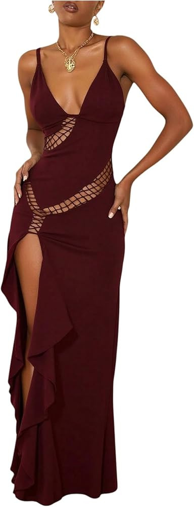 Milumia Women's Hollow Out Split Thigh Cami Dress Sexy Deep V Neck Party Club Maxi Dresses | Amazon (US)