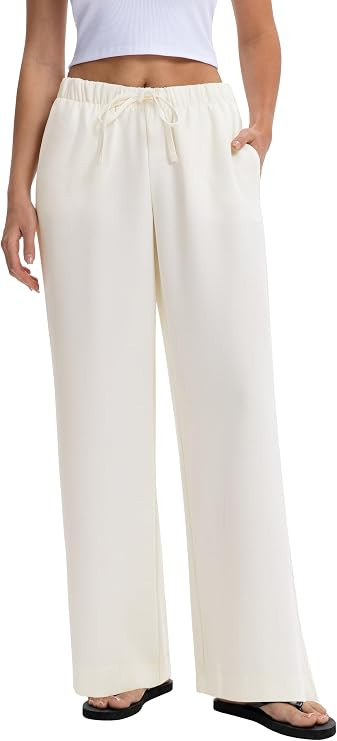 Abonlen Wide Leg Pants for Women Casual Flowy Crepe Trousers Wrinkle Free Relaxed Fit Lounge Work... | Amazon (US)