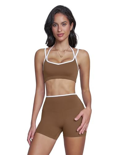 OMEWEE Workout sets for women 2 piece: Fashion contrasting lines Sports Bra and Tummy Control Butt-lifting Shorts brown XL | Amazon (US)