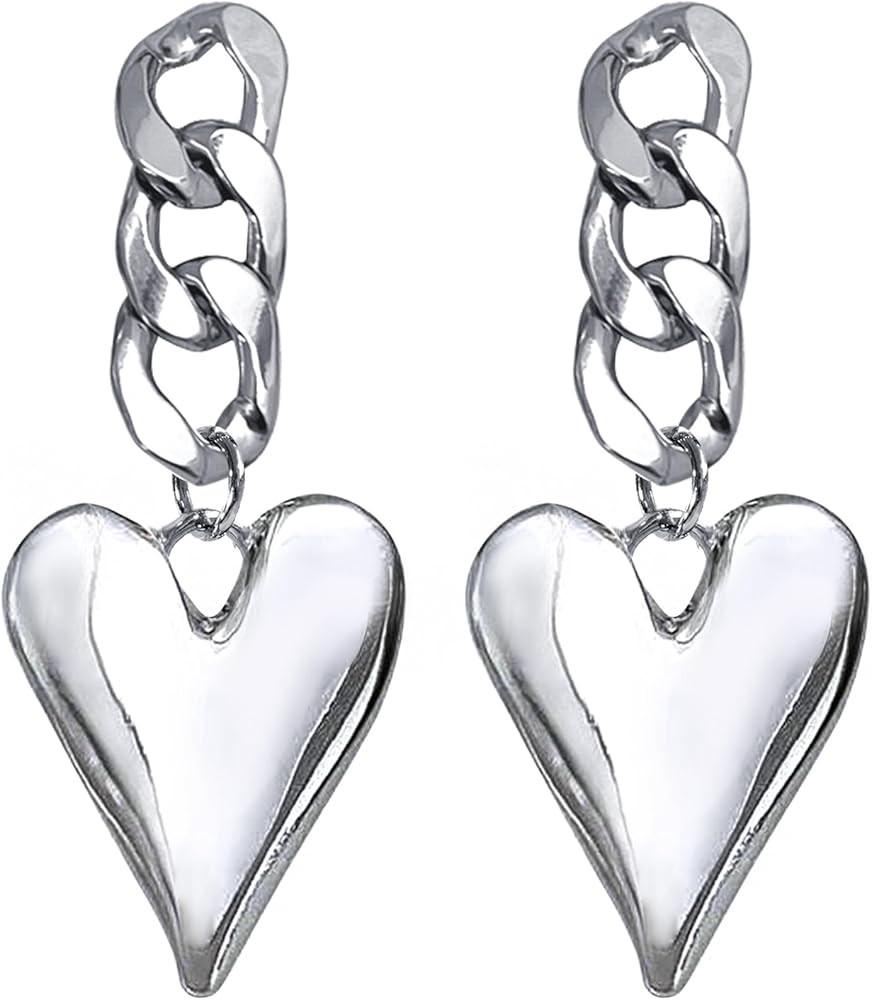 Silver Heart Drop Dangle Earrings, Chain Earrings for Women, Street-Style Fashion Jewelry, Jewelr... | Amazon (US)