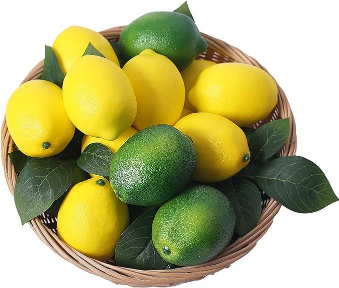 VEOAY Fake Fruit Artificial Lemons, 3.1''×2.2'' Faux Lemon Fake Limes with Leaves, Lifelike Fa... | Amazon (US)