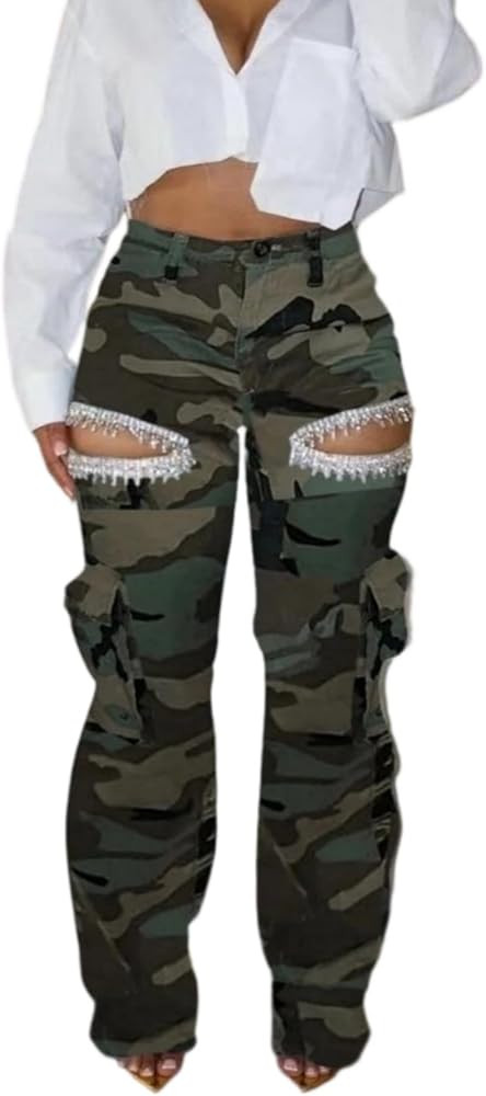 Unybwonn Women Rhinestone Cargo Jeans High Waisted Baggy Sexy Sparkly Cut Out Ripped Distressed S... | Amazon (US)