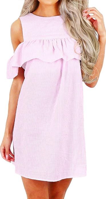 Women's Cold Shoulder Ruffled Stripe Casual Dress | Amazon (US)