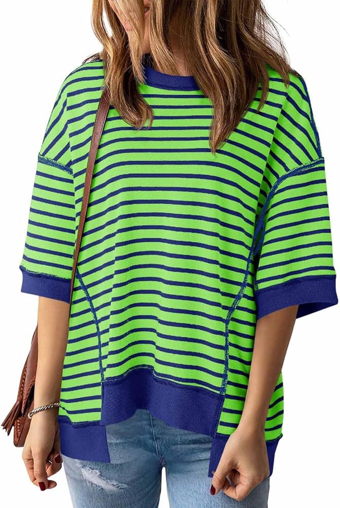 Tankaneo Womens Oversized T Shirts Striped Casual Summer Color Block Loose Fit Half Sleeve Cotton... | Amazon (US)