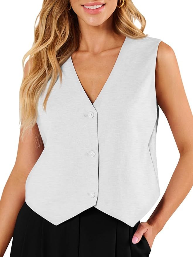 AUTOMET Womens Vests Crop Tank Tops 2024 Linen Button Casual Blazer Suit Spring Outfits Waistcoat... | Amazon (US)