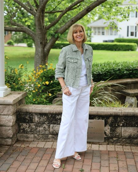 Head to toe look from Chico’s. Buy one get one 50% off! Prettiest spring jacket with tiny fringe detail at the sleeve. Palazzo jeans are amazing! 

#LTKsalealert #LTKover40 #LTKSeasonal