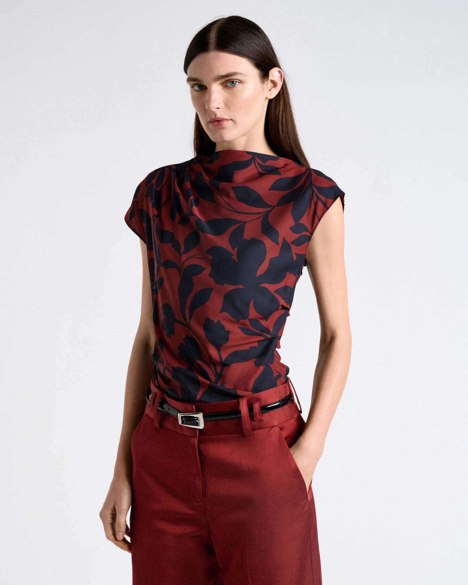 Ink Stencil Floral Draped Neck Top | Cue AU