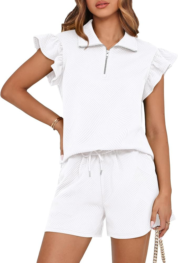 BTFBM Womens 2 Piece Outfits Spring Sweatsuit Zipper V Neck Casual Ruffle Cap Sleeve Tops Drawstr... | Amazon (US)