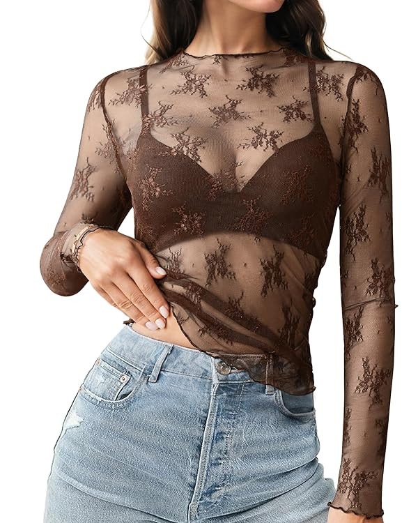 HOTOUCH Women's Mesh Sheer Tops Long Sleeve Layering Top Mock Neck See Through Floral Lace Shirt ... | Amazon (US)
