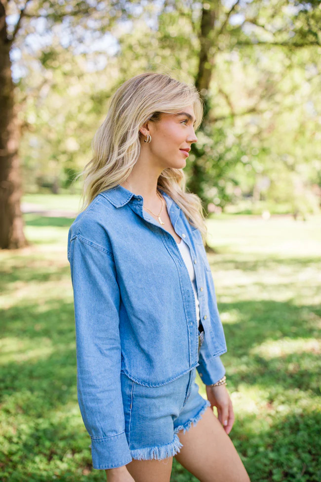 A Girl Like Me Medium Wash Cropped Chambray Blouse | Pink Lily