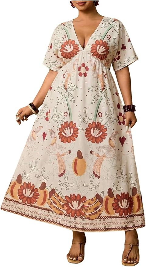 Floerns Women's Plus Size Boho Hawaiian Tropical Dresses V Neck Short Sleeve Floral A Line Long D... | Amazon (US)