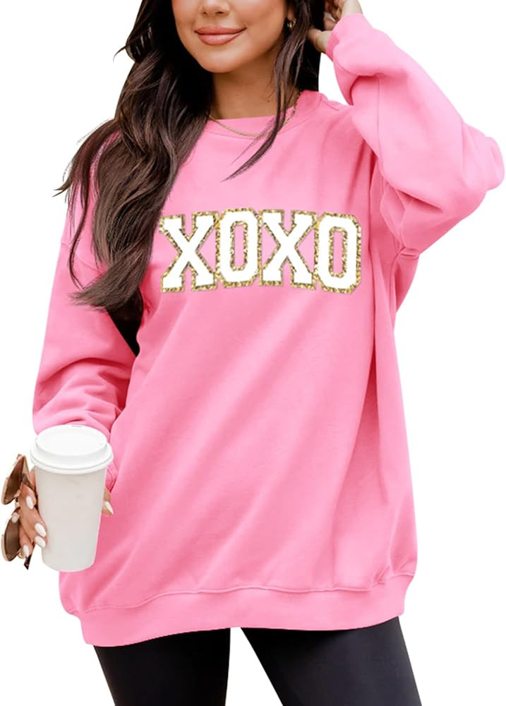 LETSEE Womens Valentine Crewneck Sweatshirt Letter Chenille Patch Long Sleeve Pullover Tops Overs... | Amazon (US)