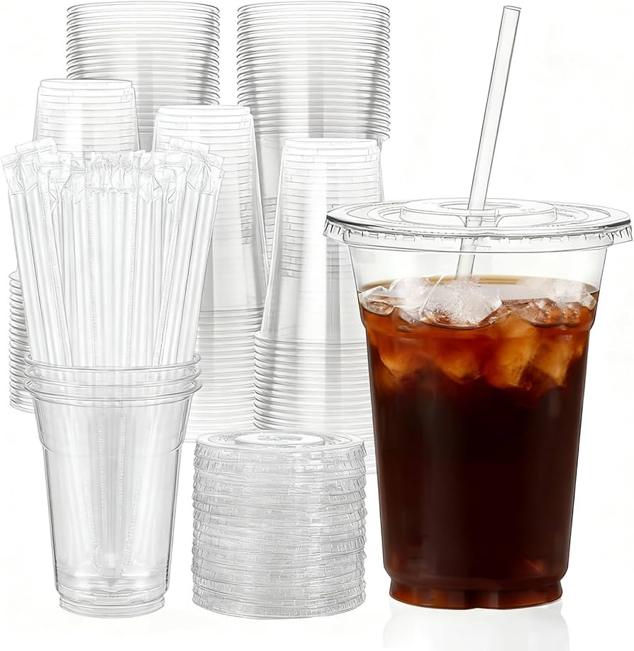 16oz Clear Plastic Cups with Lids and Straws - 50 Set Cold Drinking Disposable Cups for Iced Coff... | Amazon (US)