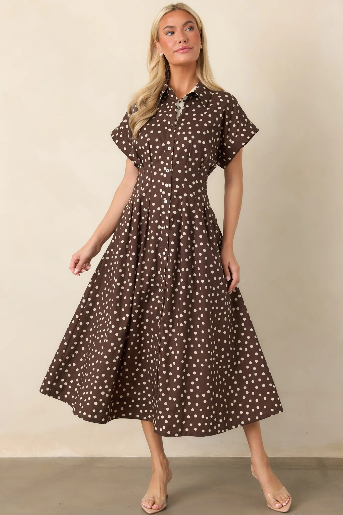 Making a Point Brown & Ivory Polka Dot Cotton Midi Shirt Dress | Red Dress