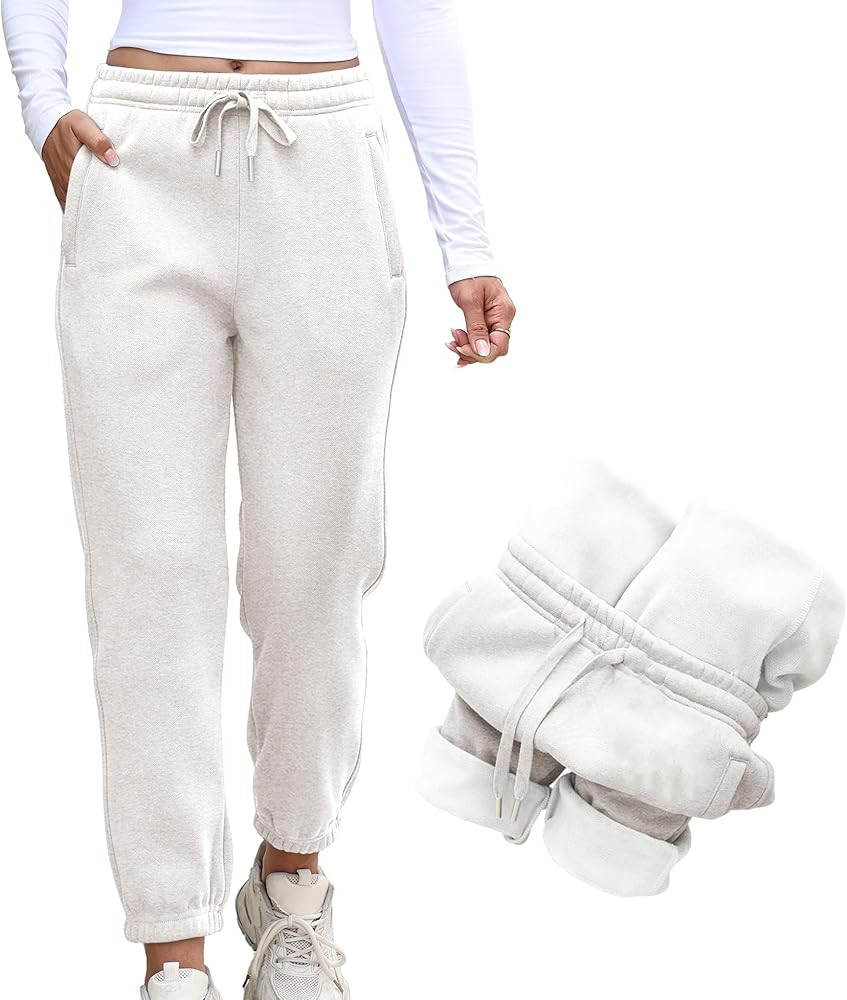 Womens Fleece Lined Sweatpants Drawstring Elastic Waistband Winter Warm Joggers Pants with Pocket | Amazon (US)