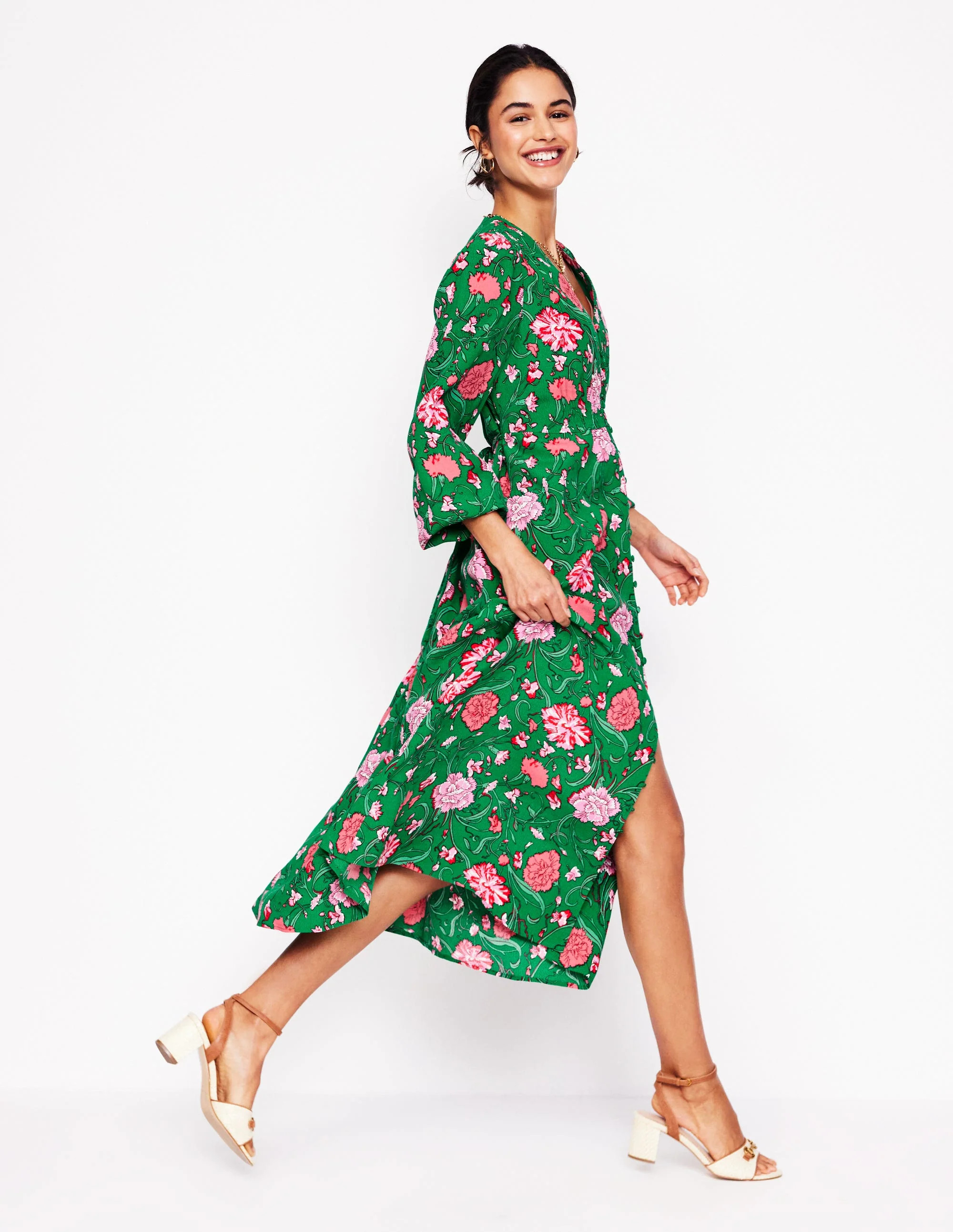 Cynthia Button Tea Dress-Rich Emerald, Carnation Vine | Boden (US)