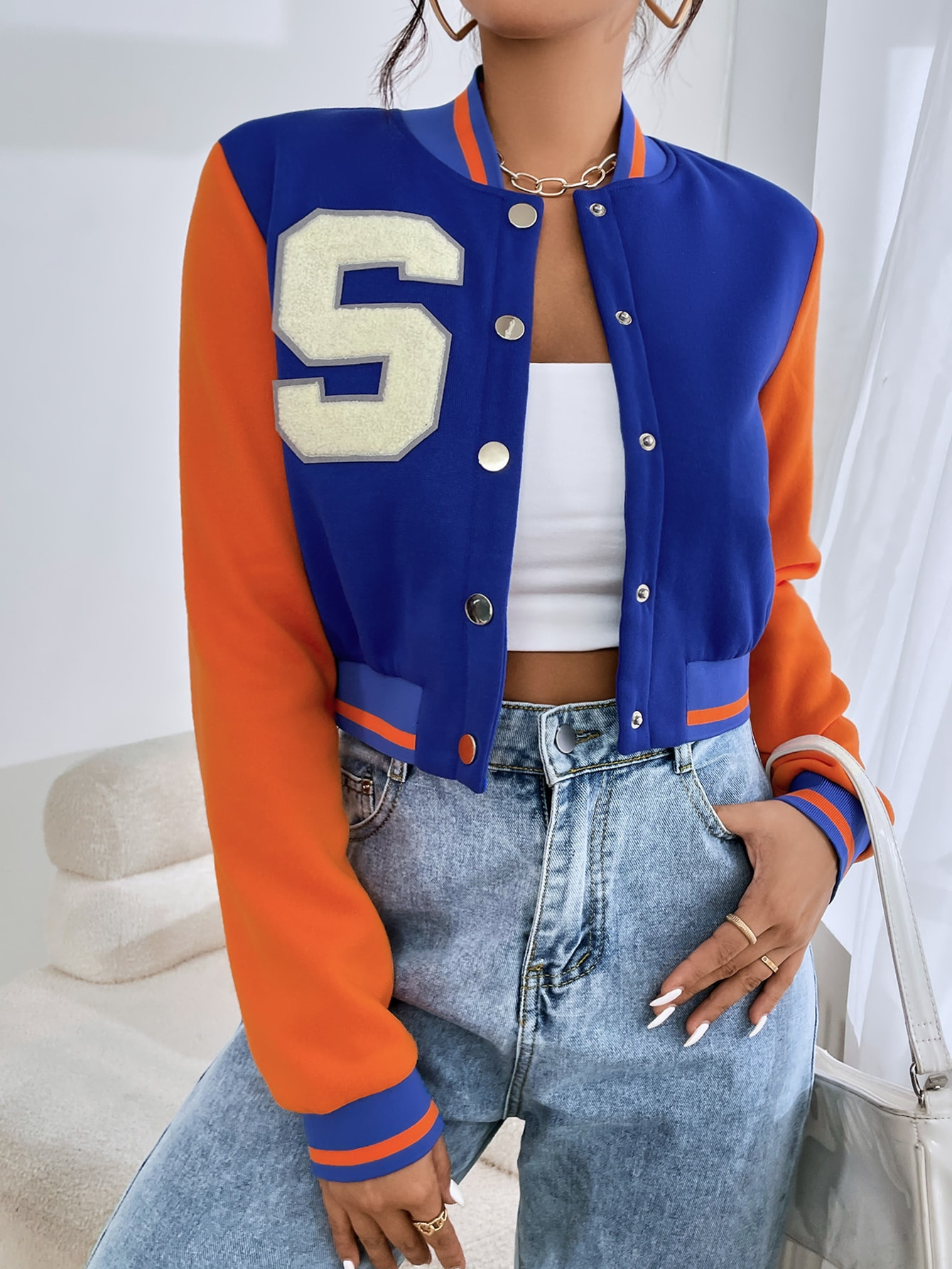 SHEIN EZwear Letter Patched Crop Varsity Jacket | SHEIN