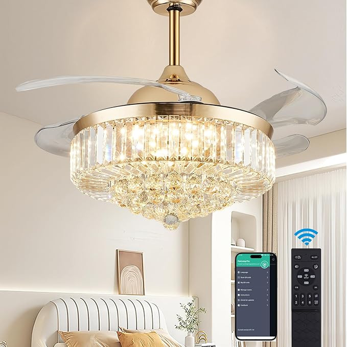 DuMaiWay 42" Dimmable Crystal Ceiling Fan with Light, Fandelier,Chandelier Fan with 4 Retractable... | Amazon (US)