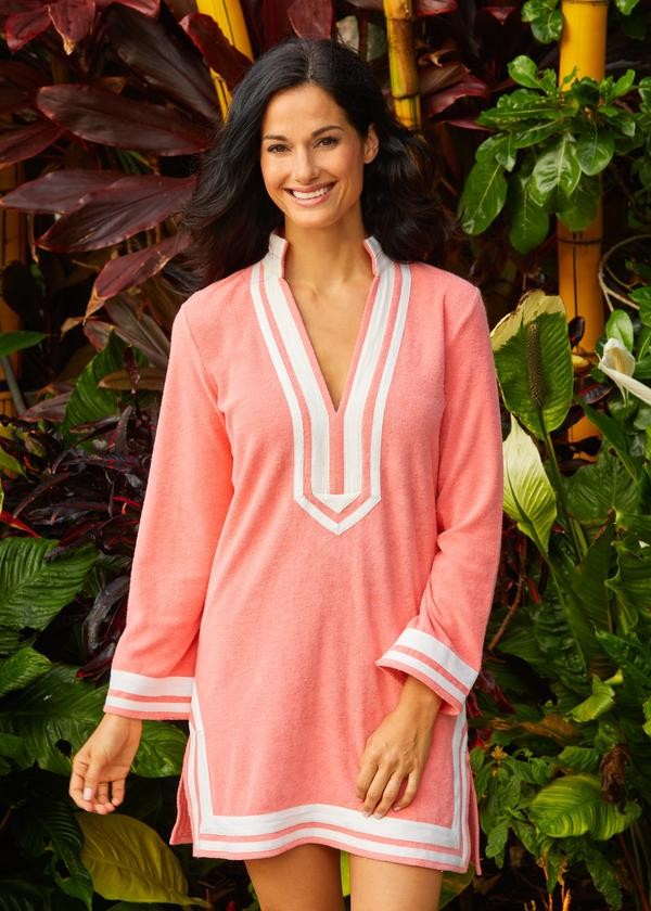Coral White Trim Terry Tunic | Cabana Life