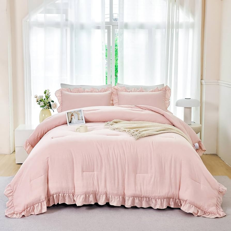 ANGIYUIN 5 Pieces Blush Pink Ruffled Comforter Sets Full Farmhouse Bed in A Bag with Layer Ruffle... | Amazon (US)