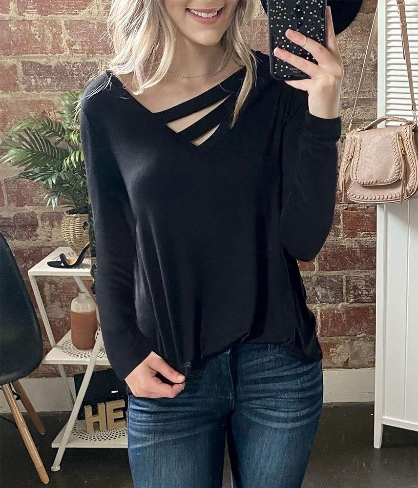 Women's V-Neck Loose Fit T Shirts Fall Casual Tops Cotton Cutout Long Sleeve Blouse Top | Amazon (US)