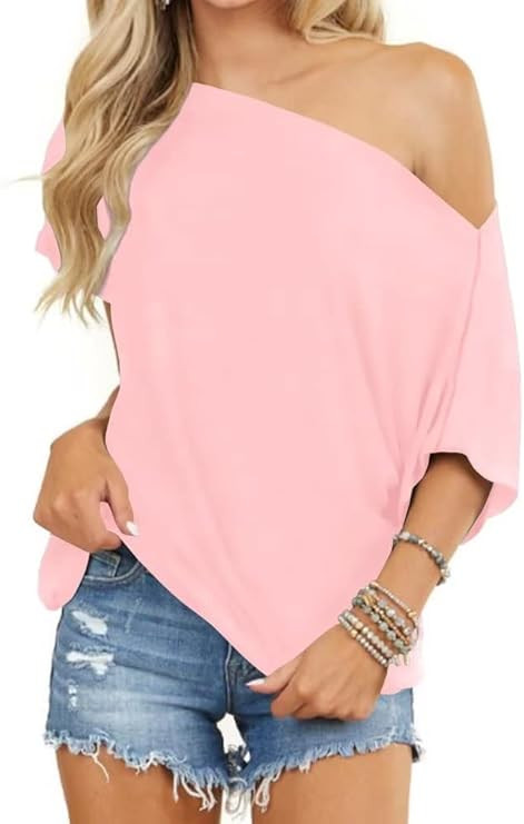 LEEDYA Womens Off The Shoulder Tops Summer Batwing Short Sleeve Shirt Loose Fit Tunics Blouses | Amazon (US)